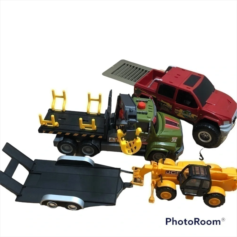 Toy Truck Bundle Kids Toy Lot Red Pickup Log Dump Truck W/ Working Grabber Claw